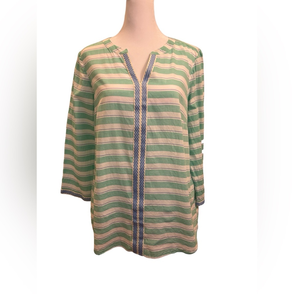 Talbots Lightweight 100% Cotton Mint Green Blue Top Shirt Striped Size Medium